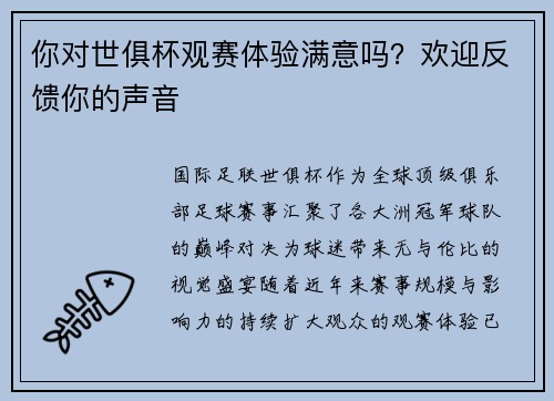 你对世俱杯观赛体验满意吗？欢迎反馈你的声音