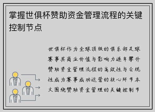 掌握世俱杯赞助资金管理流程的关键控制节点